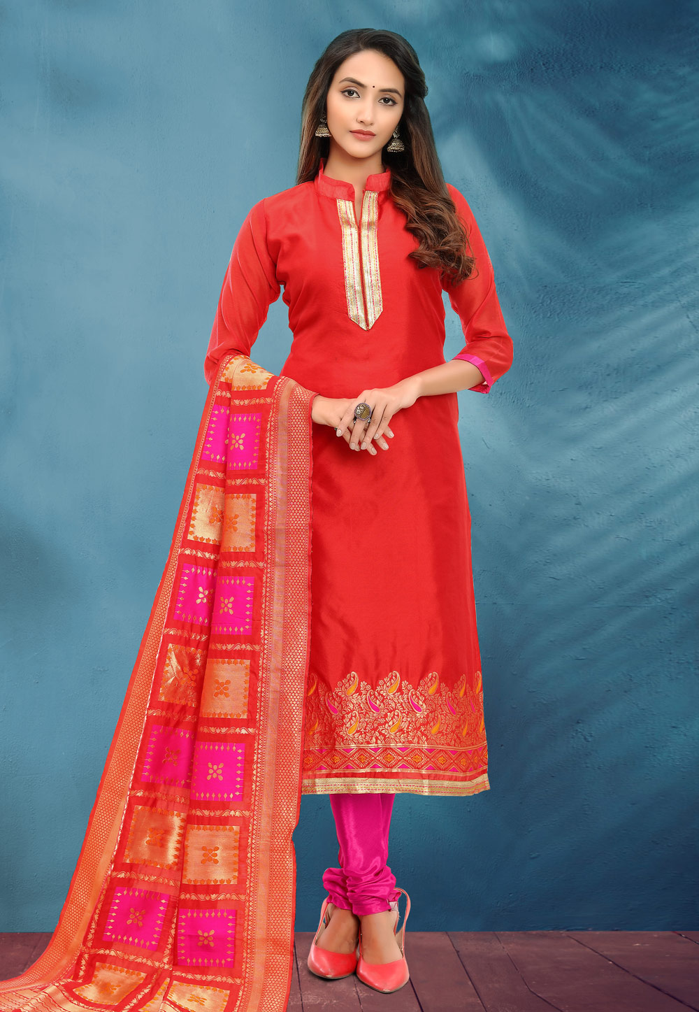 Red Banarasi Jacquard Churidar Suit 219272