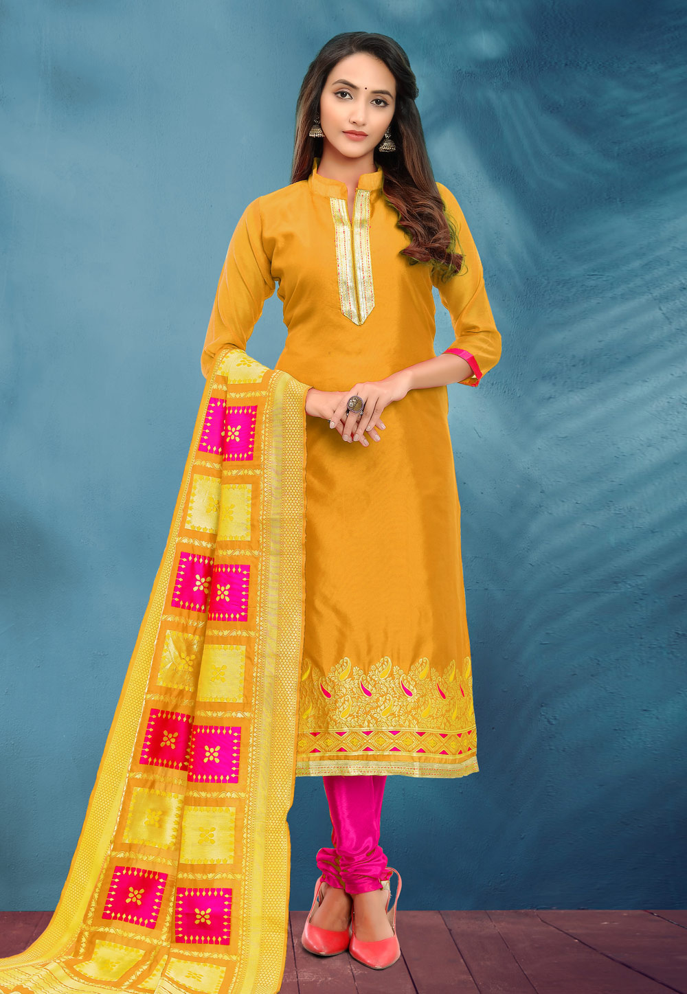 Mustard Banarasi Jacquard Churidar Suit 219273