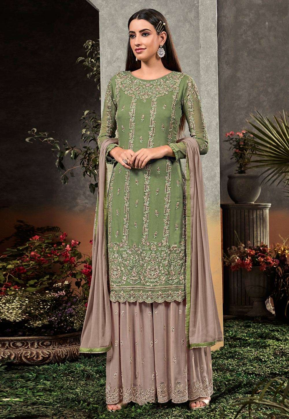 Green Georgette Kameez With Palazzo 185752
