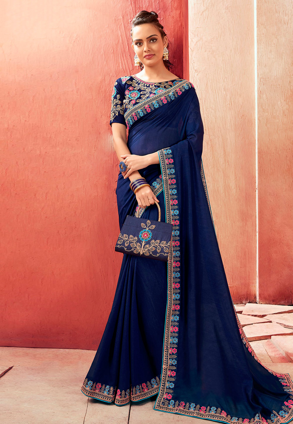Navy Blue Chanderi Silk Festival Wear Saree 216437
