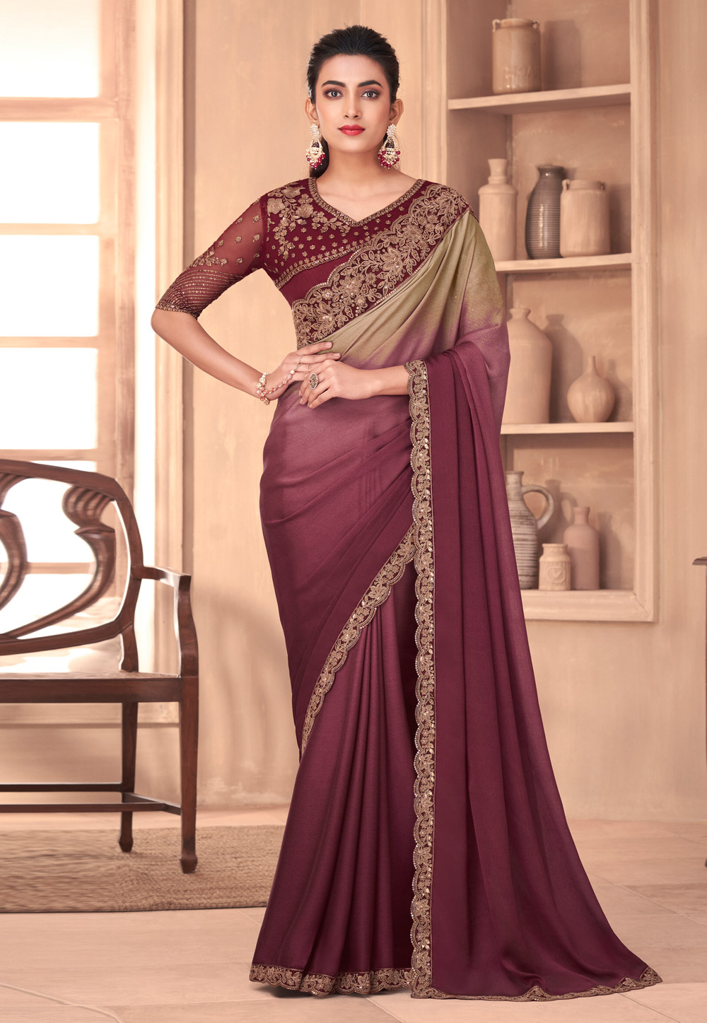 Wine Silk Half N Half Saree 261074