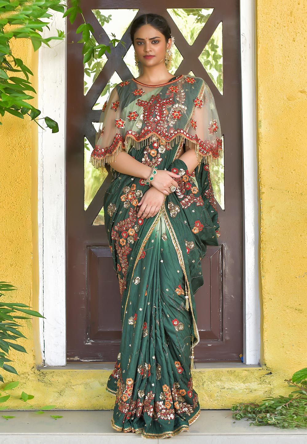 Green Silk Cape Saree With Blouse 228025