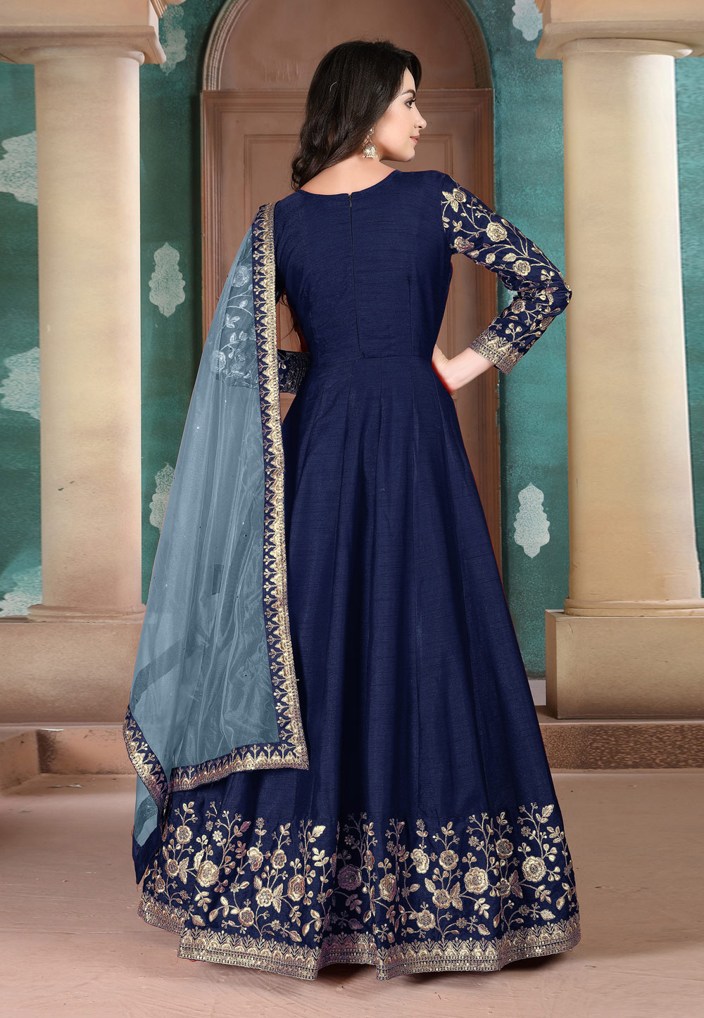 Buy Space Blue Anarkali Dress In Cotton Silk With Brocade Online - Kalki  Fashion