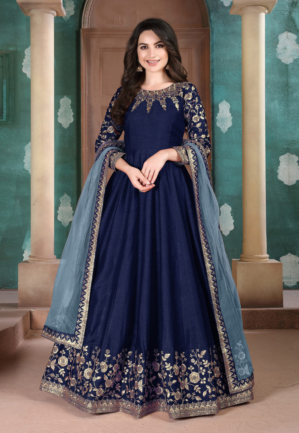 Navy Blue Silk Embroidered Abaya Style Anarkali Suit 209527