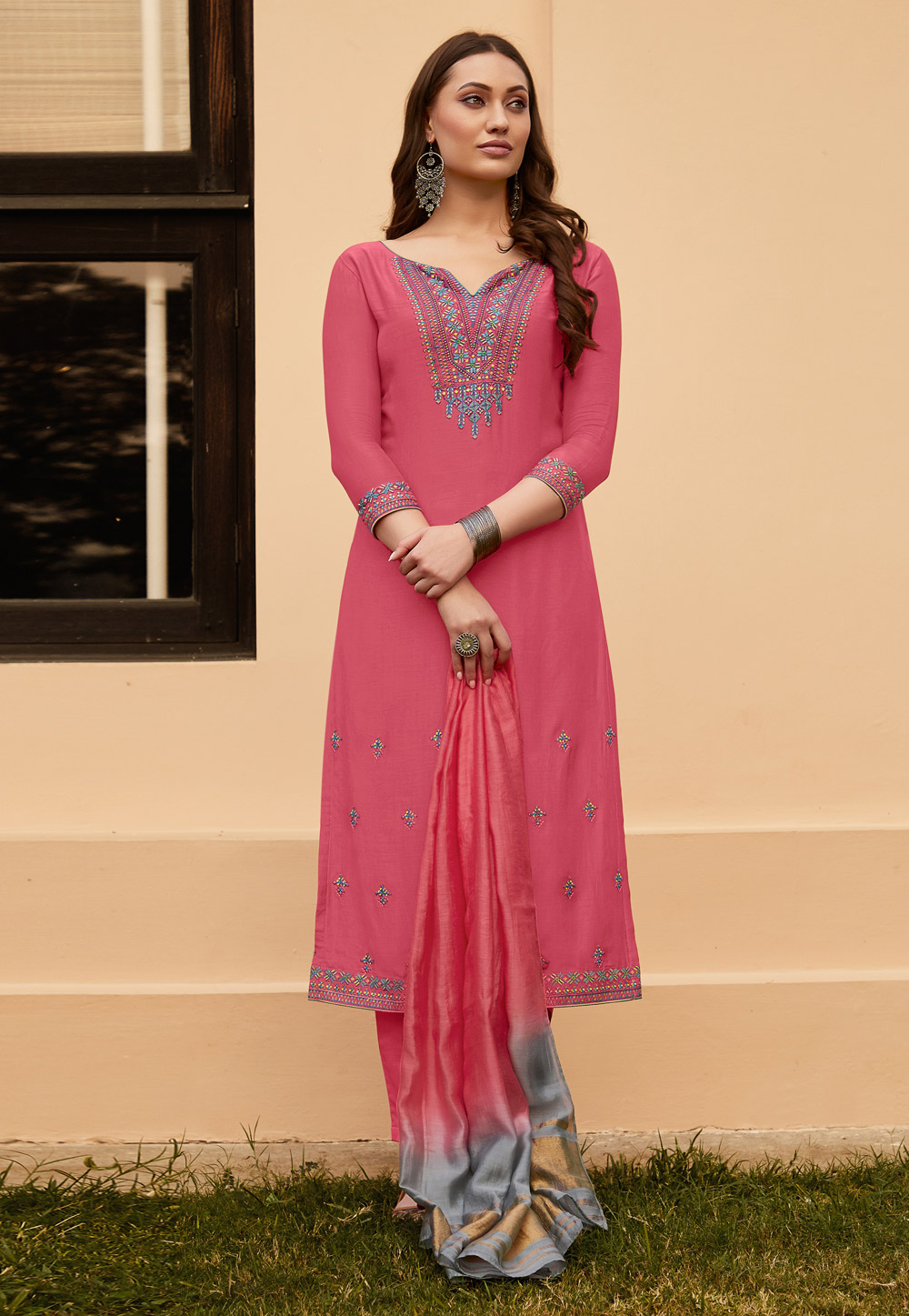 Pink Muslin Pant Style Suit 231010