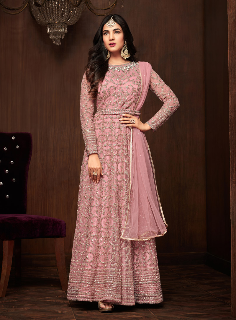 Sonal Chauhan Pink Net Abaya Style Anarkali Suit 139217
