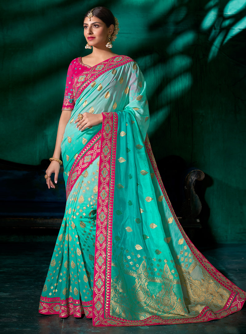 Cyan Pure Viscose Saree With Embroidered Blouse 120443