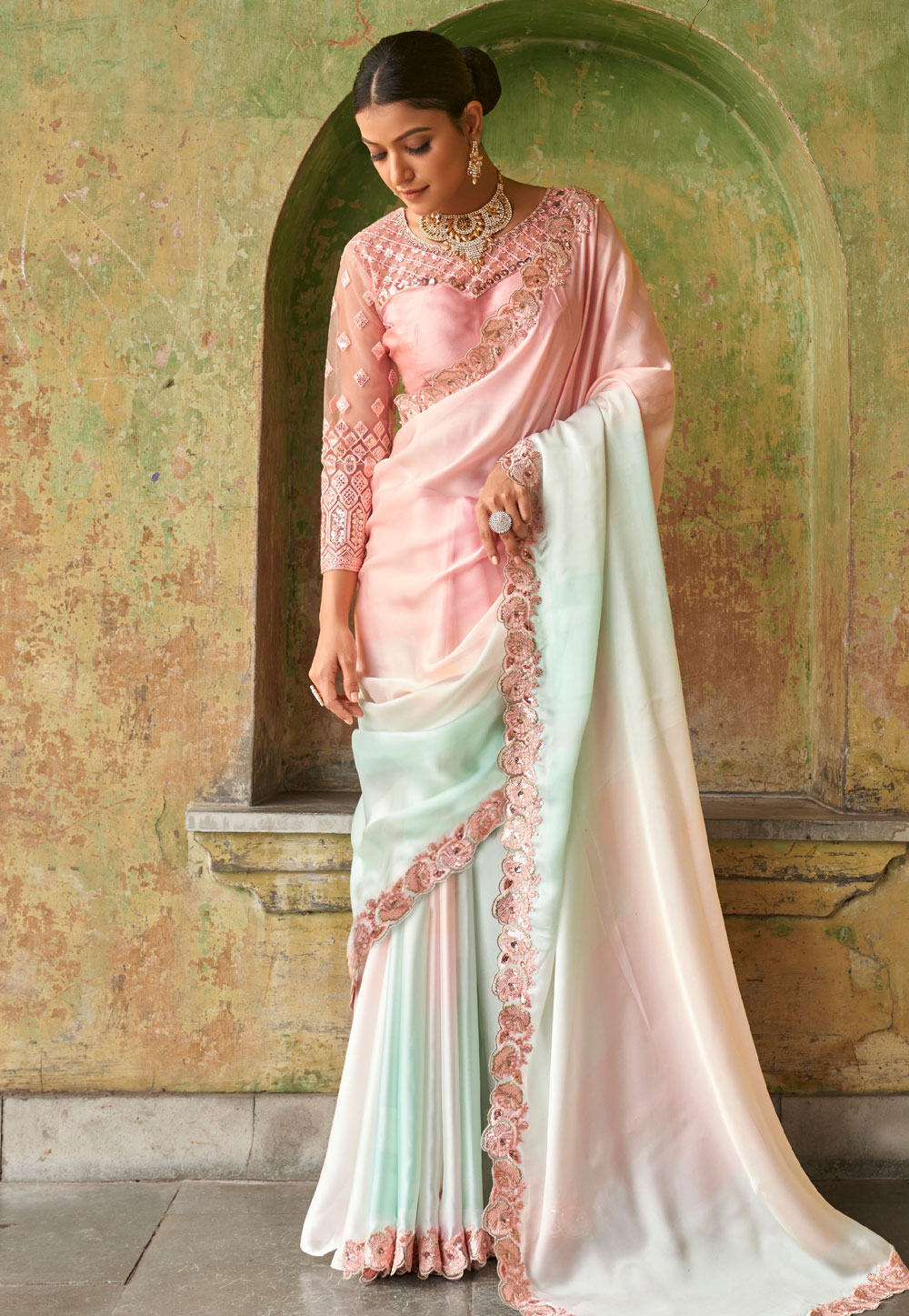 Pink Satin Half N Half Saree 262292