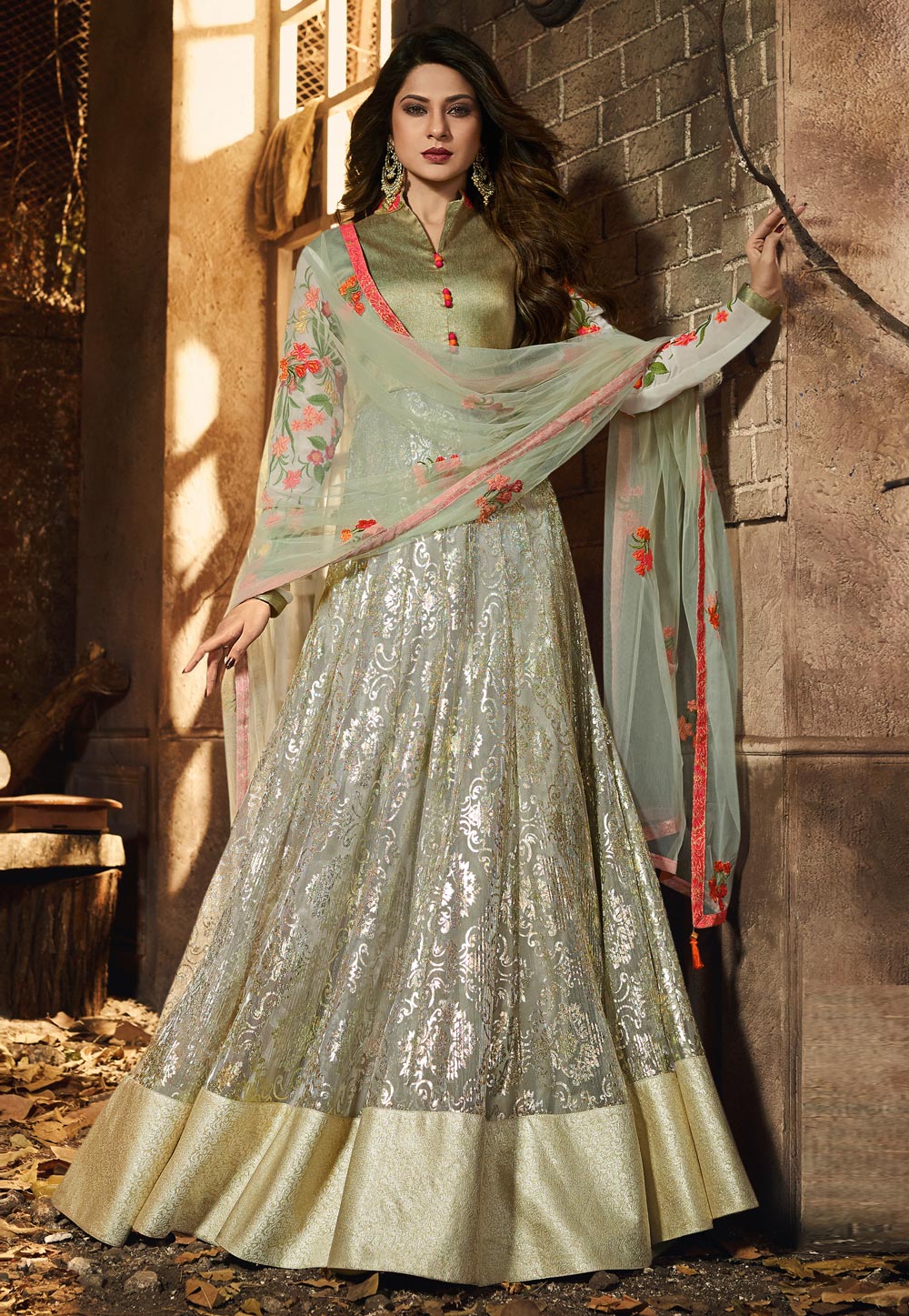 Jennifer Winget Pista Green Lycra Bollywood Anarkali Suit 167061