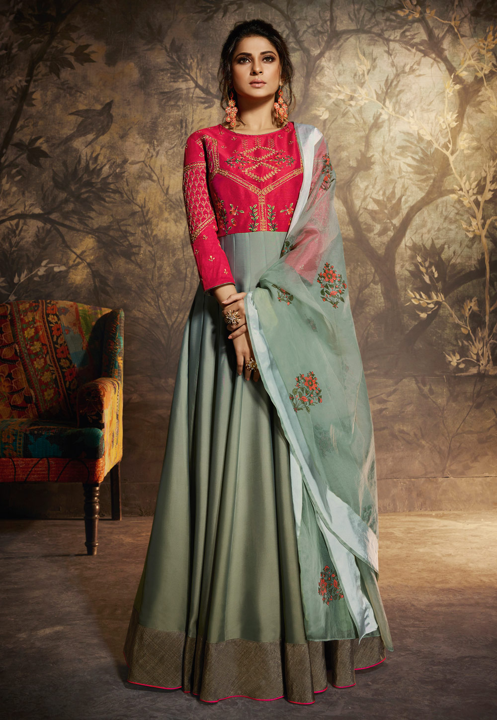 Jennifer Winget Sea Green Silk Embroidered Readymade Floor Length Anarkali Suit 177540