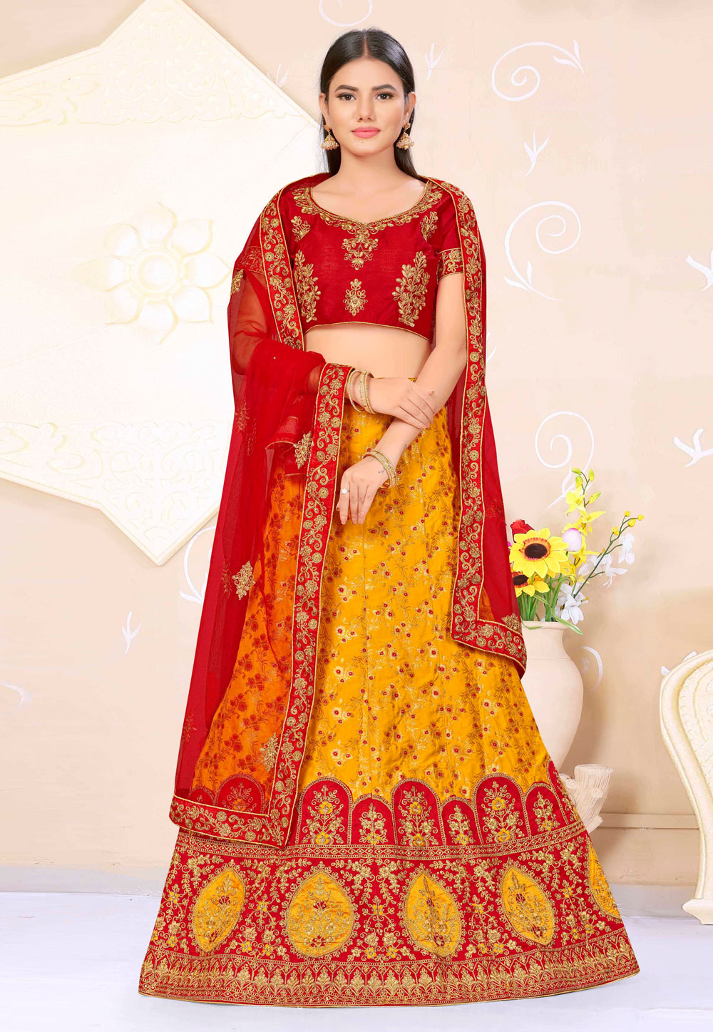 Yellow Banarasi Silk A Line Lehenga Choli 216674