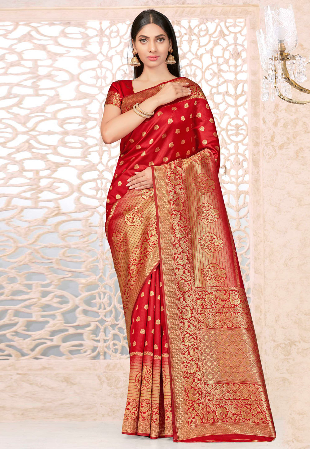 Red Banarasi Silk Saree With Blouse 216606