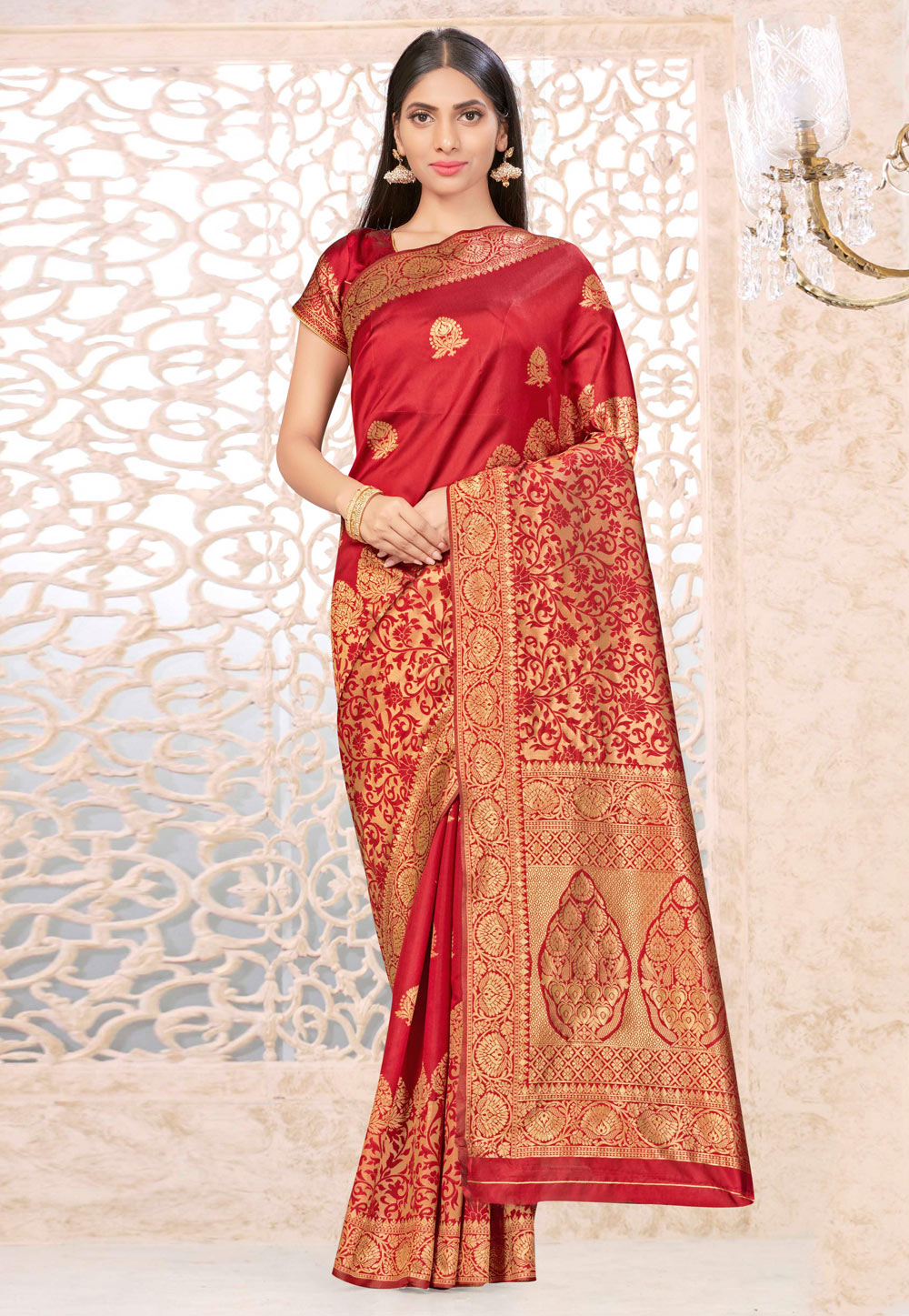 Red Banarasi Silk Saree With Blouse 216610