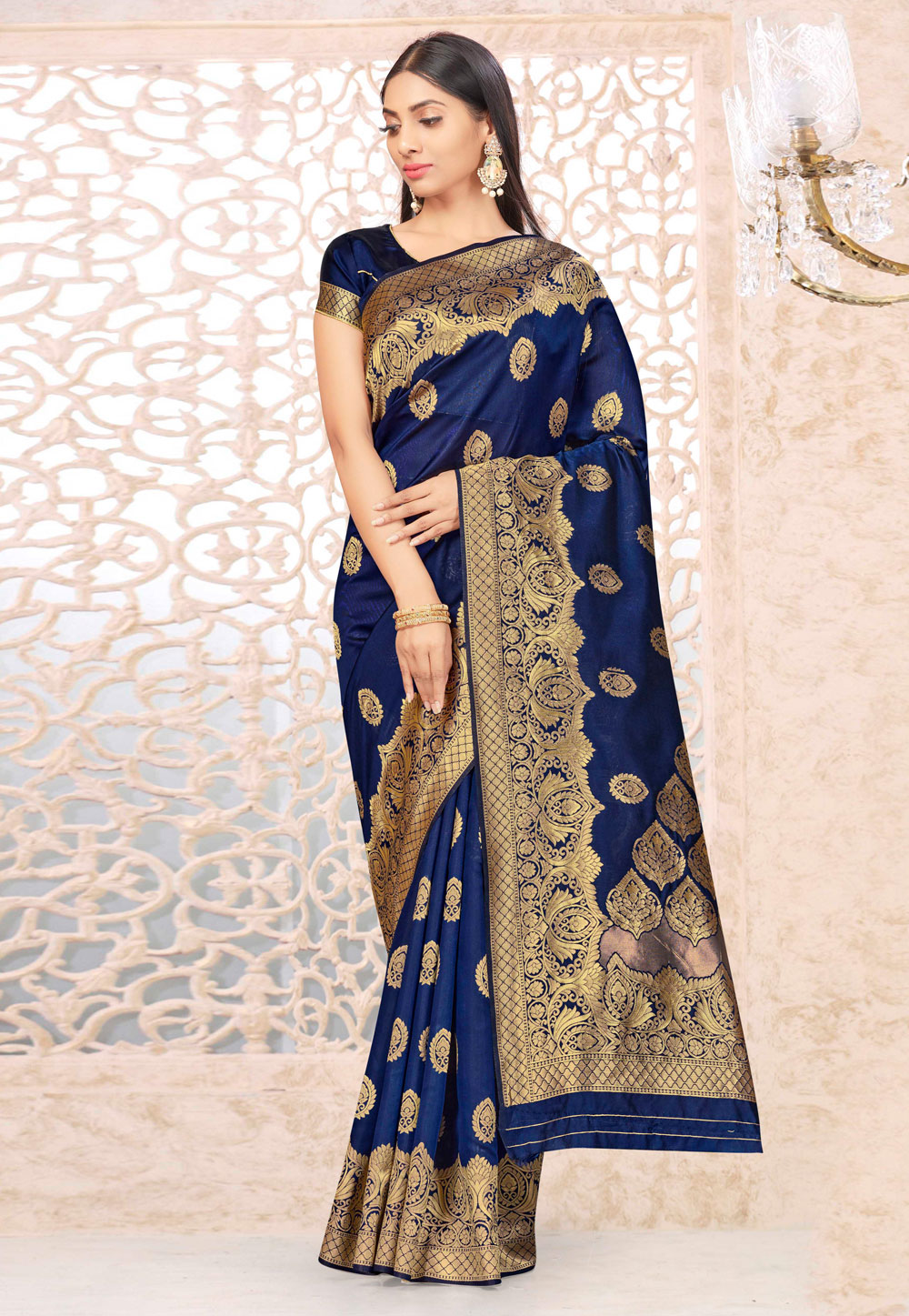 Navy Blue Banarasi Silk Festival Wear Saree 216613