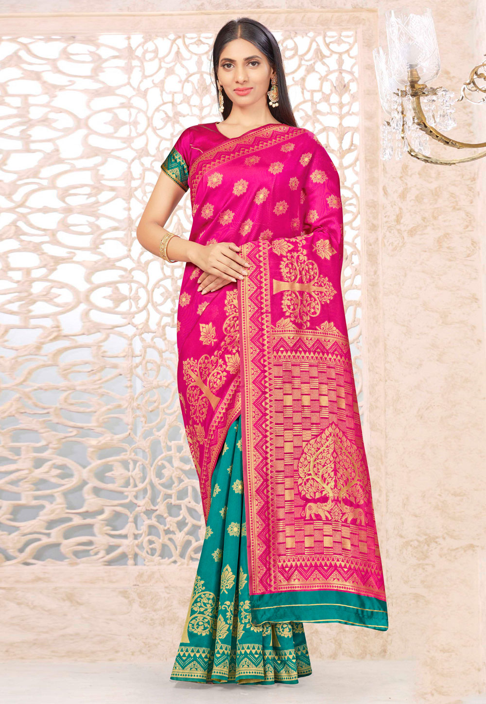 Pink Banarasi Silk Half N Half Saree 216614