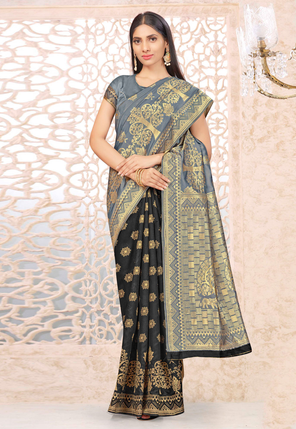 Grey Banarasi Silk Festival Wear Saree 216615