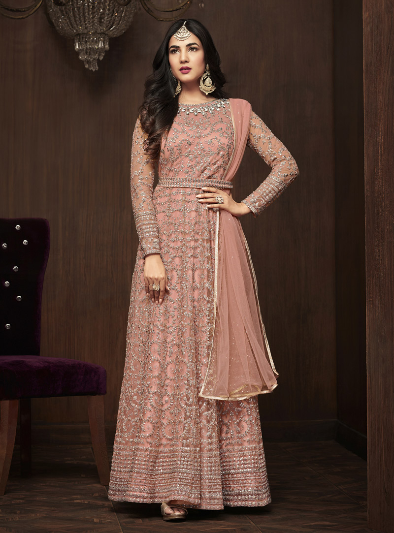 Sonal Chauhan Peach Net Abaya Style Anarkali Suit 143256