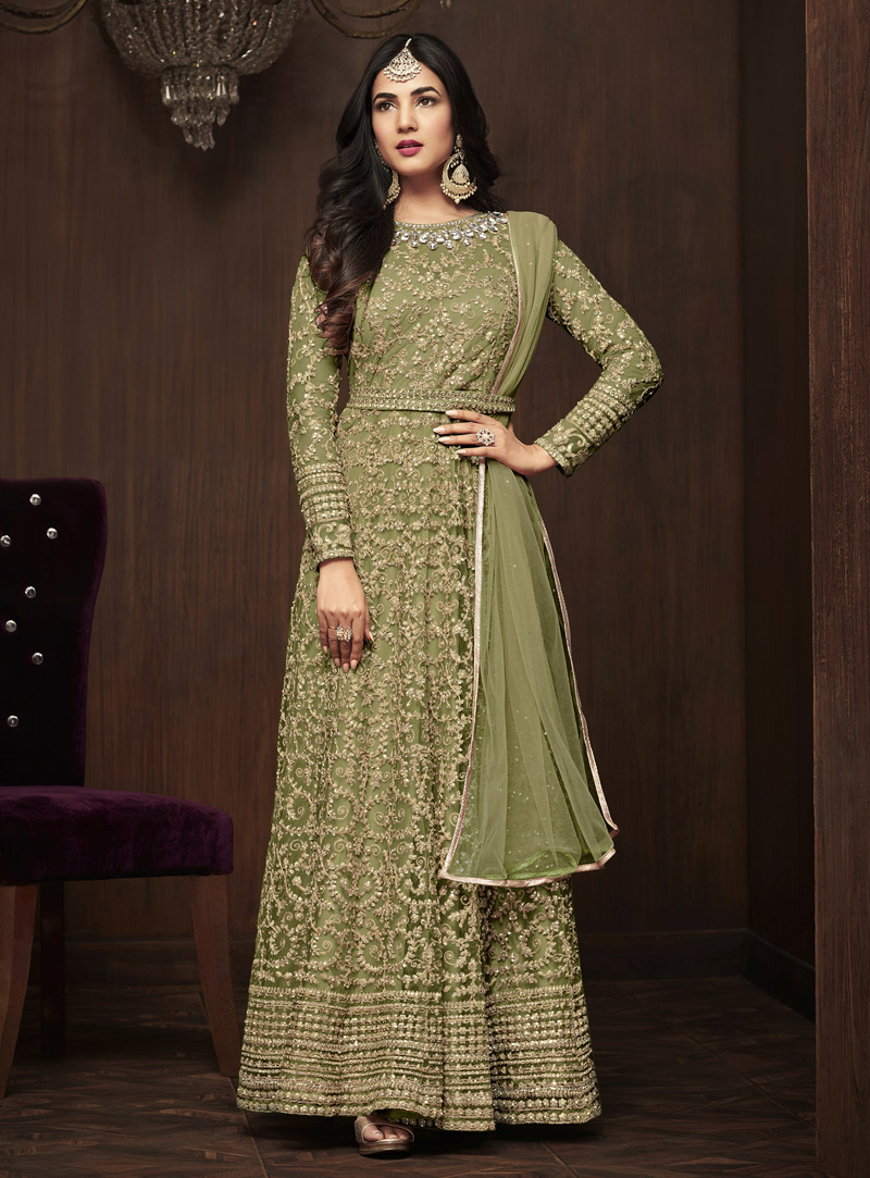 Sonal Chauhan Green Net Anarkali Suit 143257