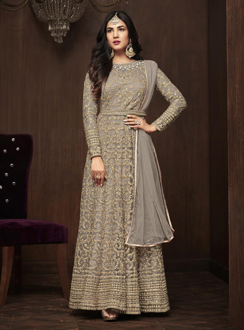 Sonal Chauhan Beige Net Abaya Style Anarkali Suit 143258