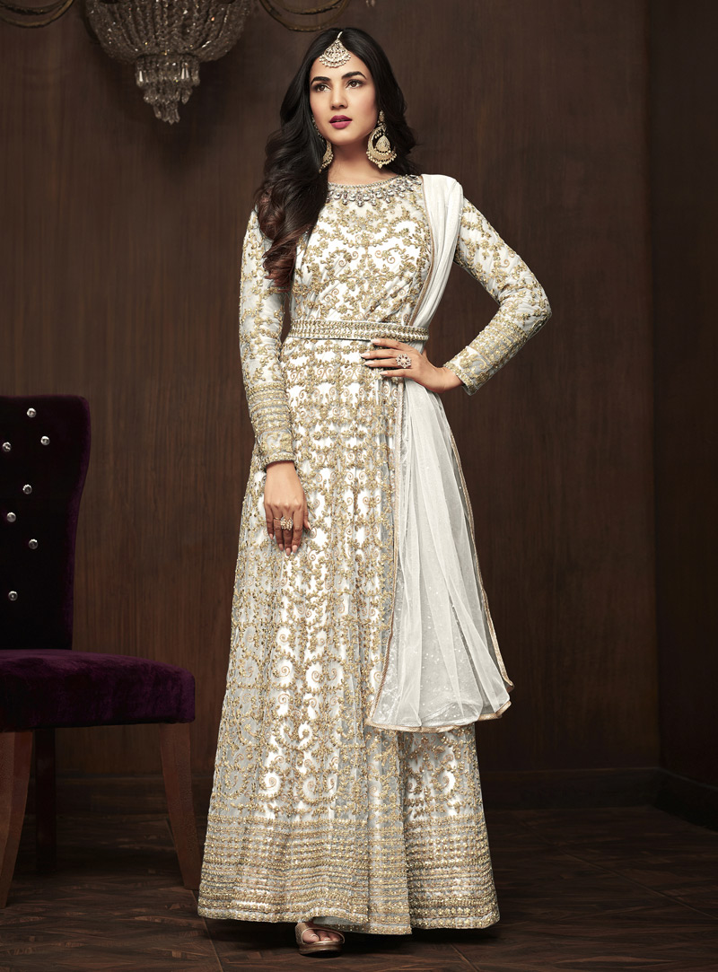 Sonal Chauhan White Net Anarkali Suit 143259