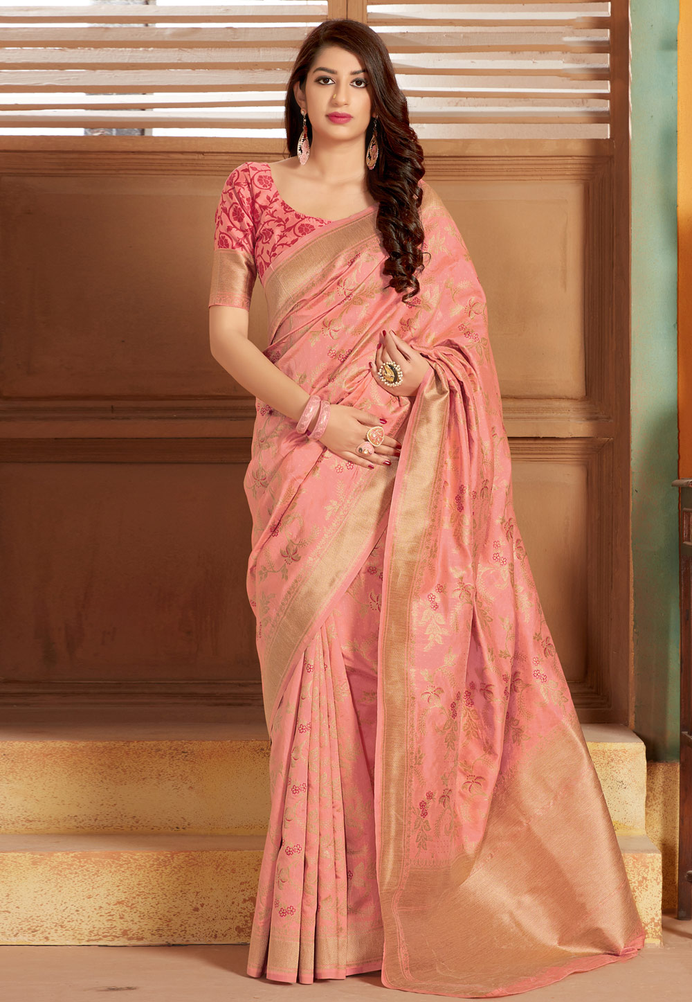 Pink Banarasi Silk Saree With Blouse 204058