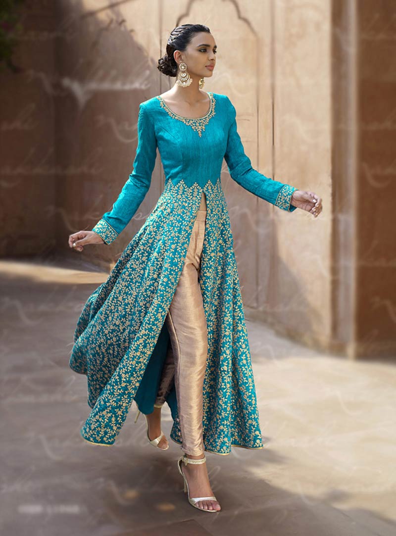 Blue Bhagalpuri Designer Anarkali Suit 67963