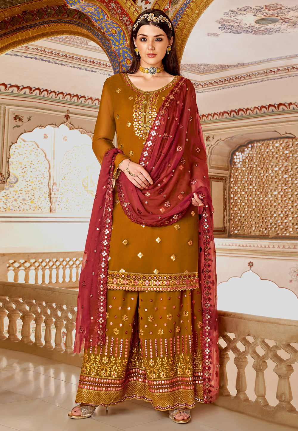 Mustard Viscose Georgette Readymade Kameez With Palazzo 238485