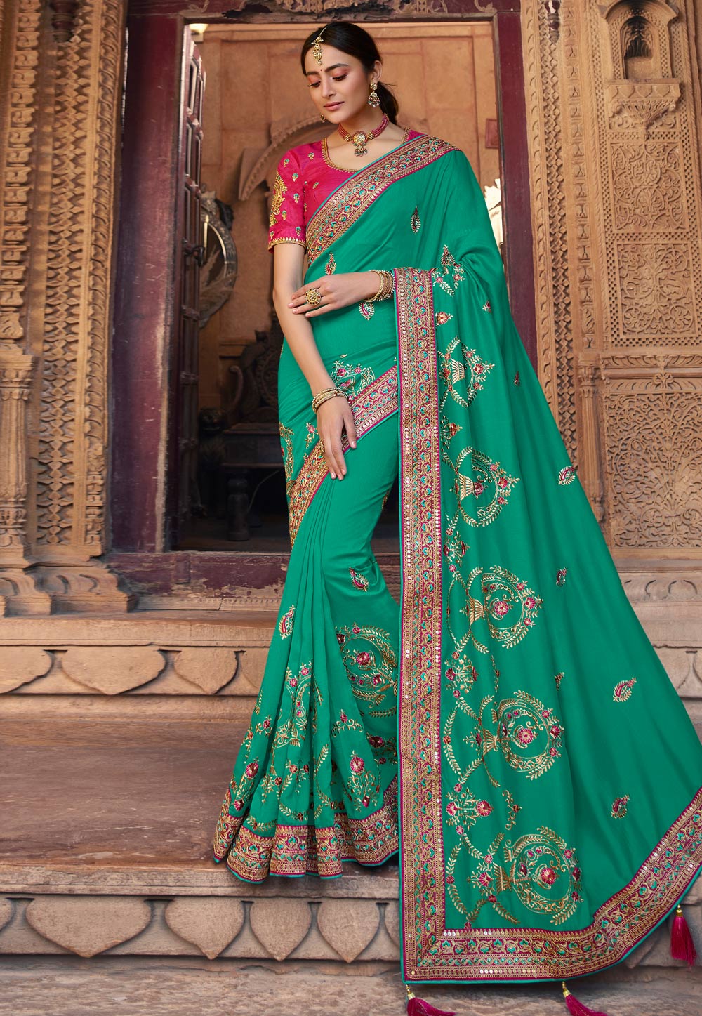Sea Green Satin Georgette Saree With Blouse 235265