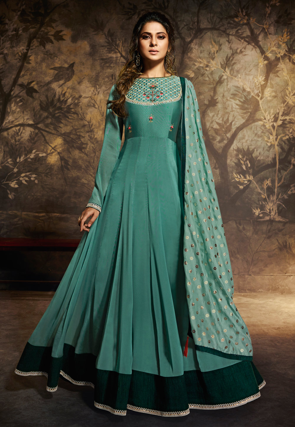 Jennifer Winget Sea Green Silk Embroidered Readymade Abaya Style Anarkali Suit 177543
