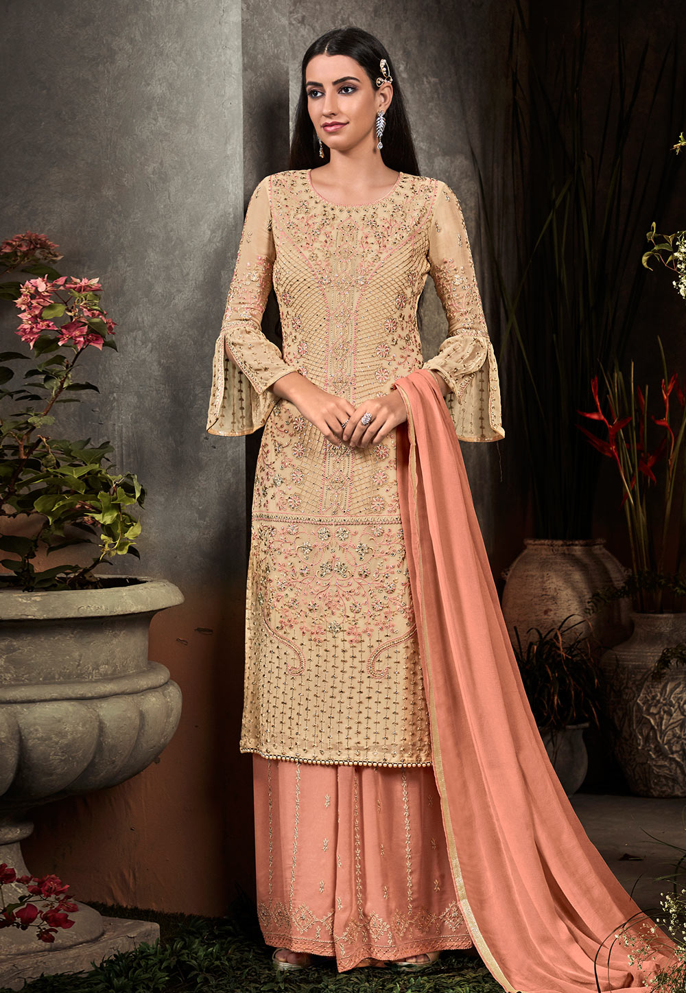 Cream Georgette Palazzo Style Suit 185753