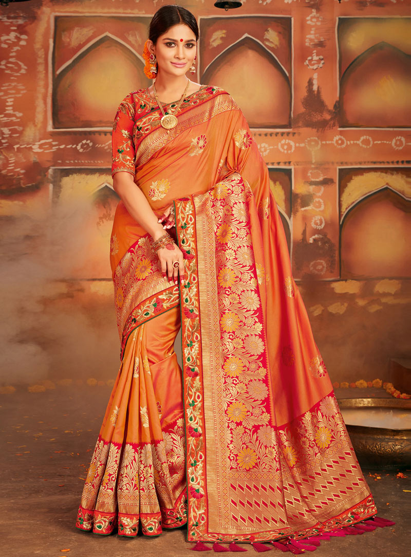 Orange Banarasi Silk Patch Lace Work Saree 118216