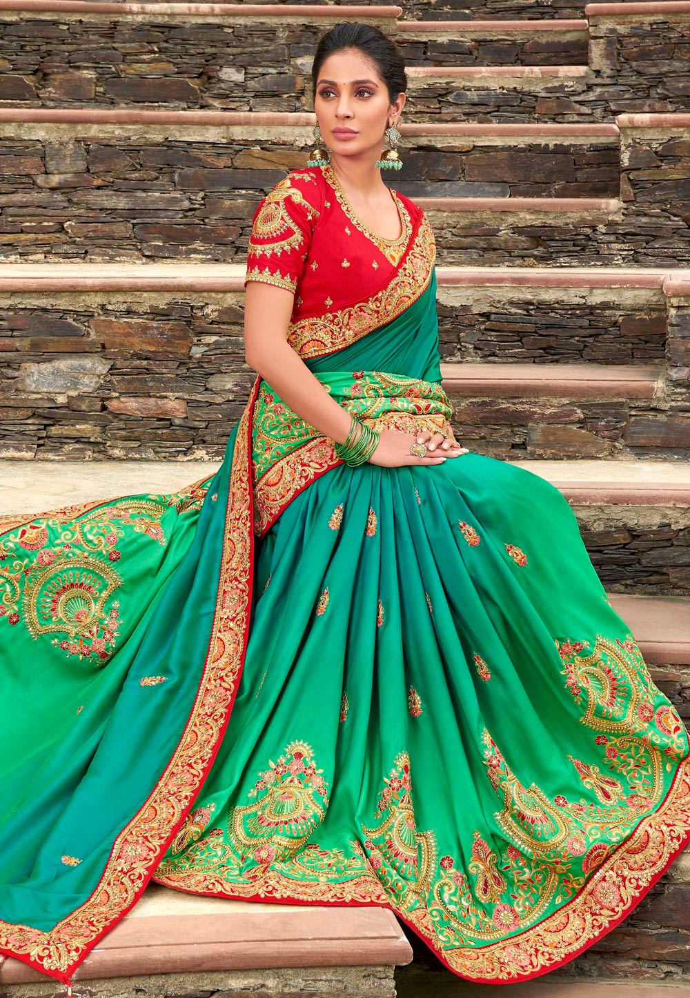 Green Satin Georgette Saree With Blouse 211978