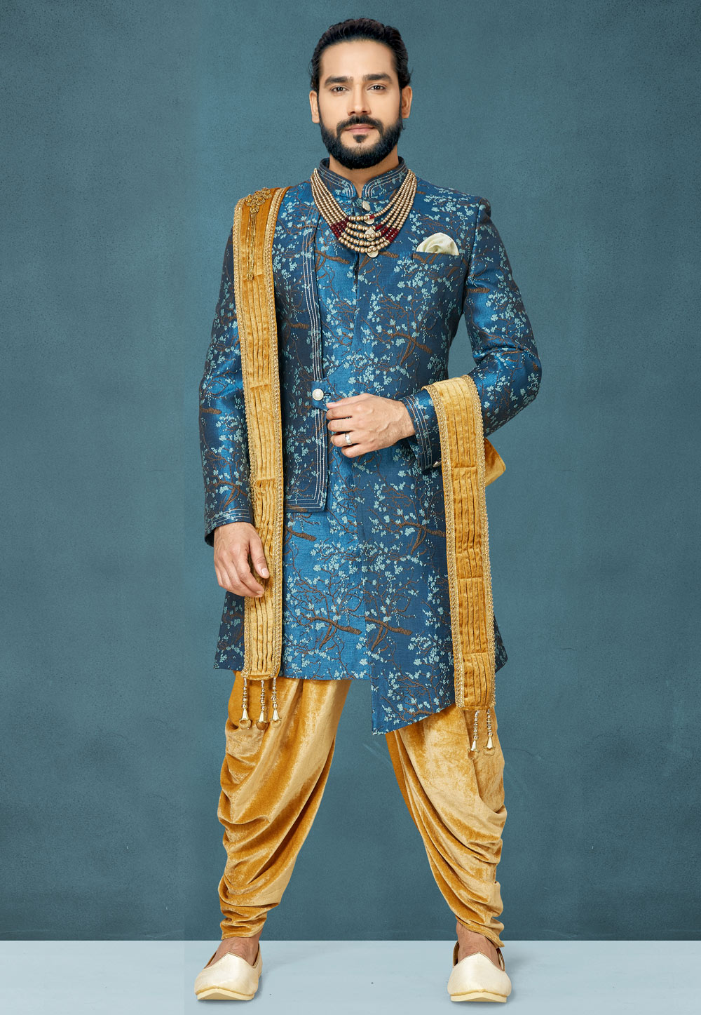 Blue Silk Readymade Dhoti Sherwani 186235