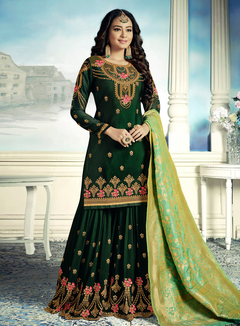 Green Satin Pakistani Style Suit 153342