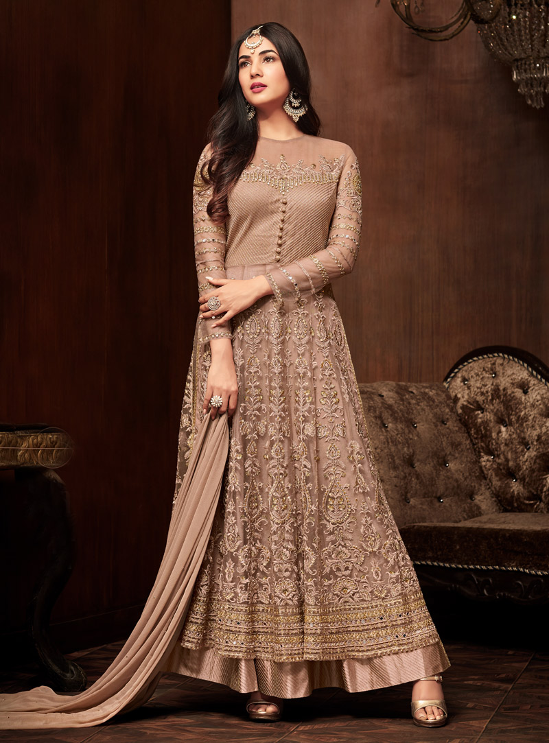 Sonal Chauhan Light Brown Net Long Anarkali Suit 139218