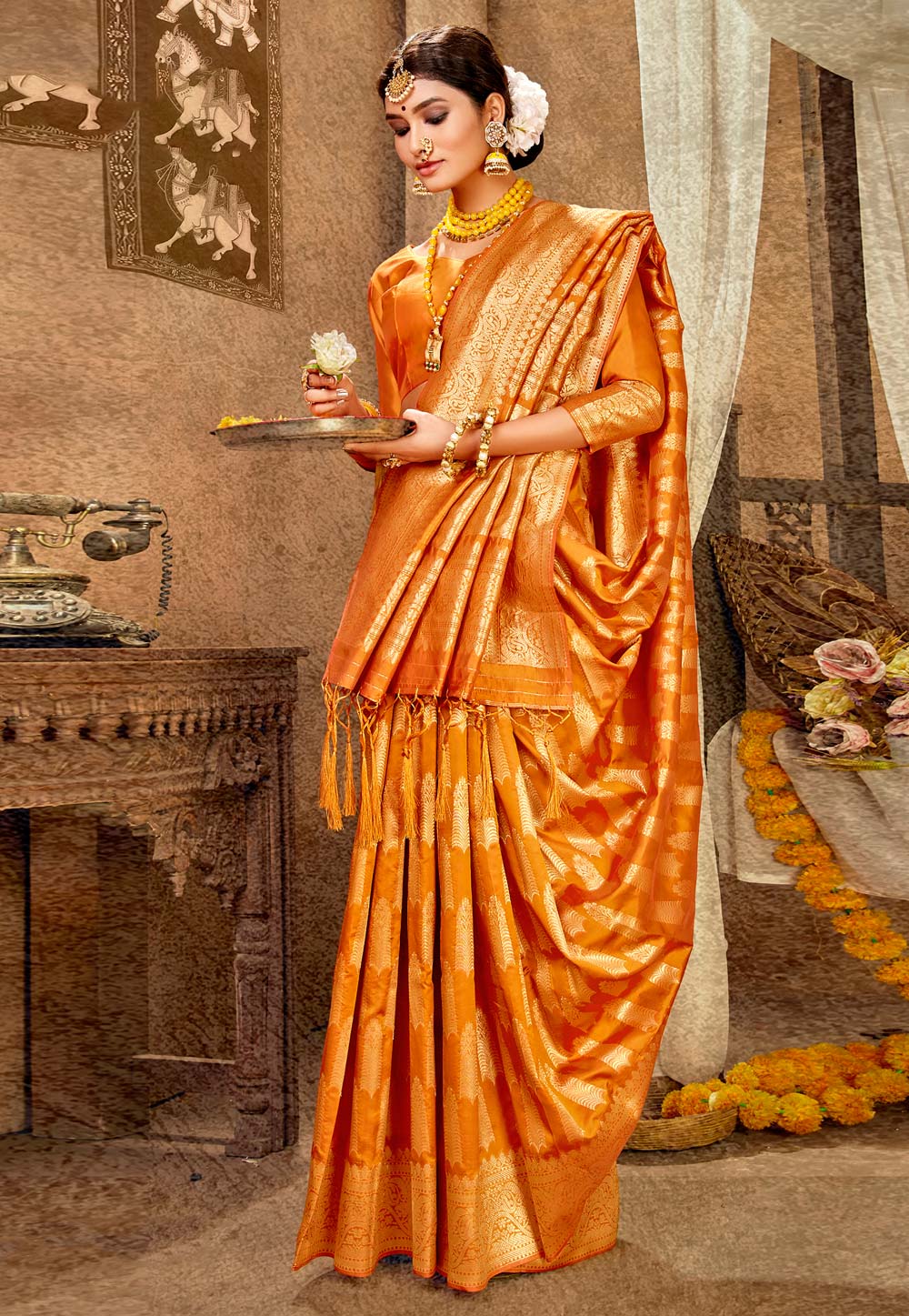 Orange Silk Festival Wear Saree 225286