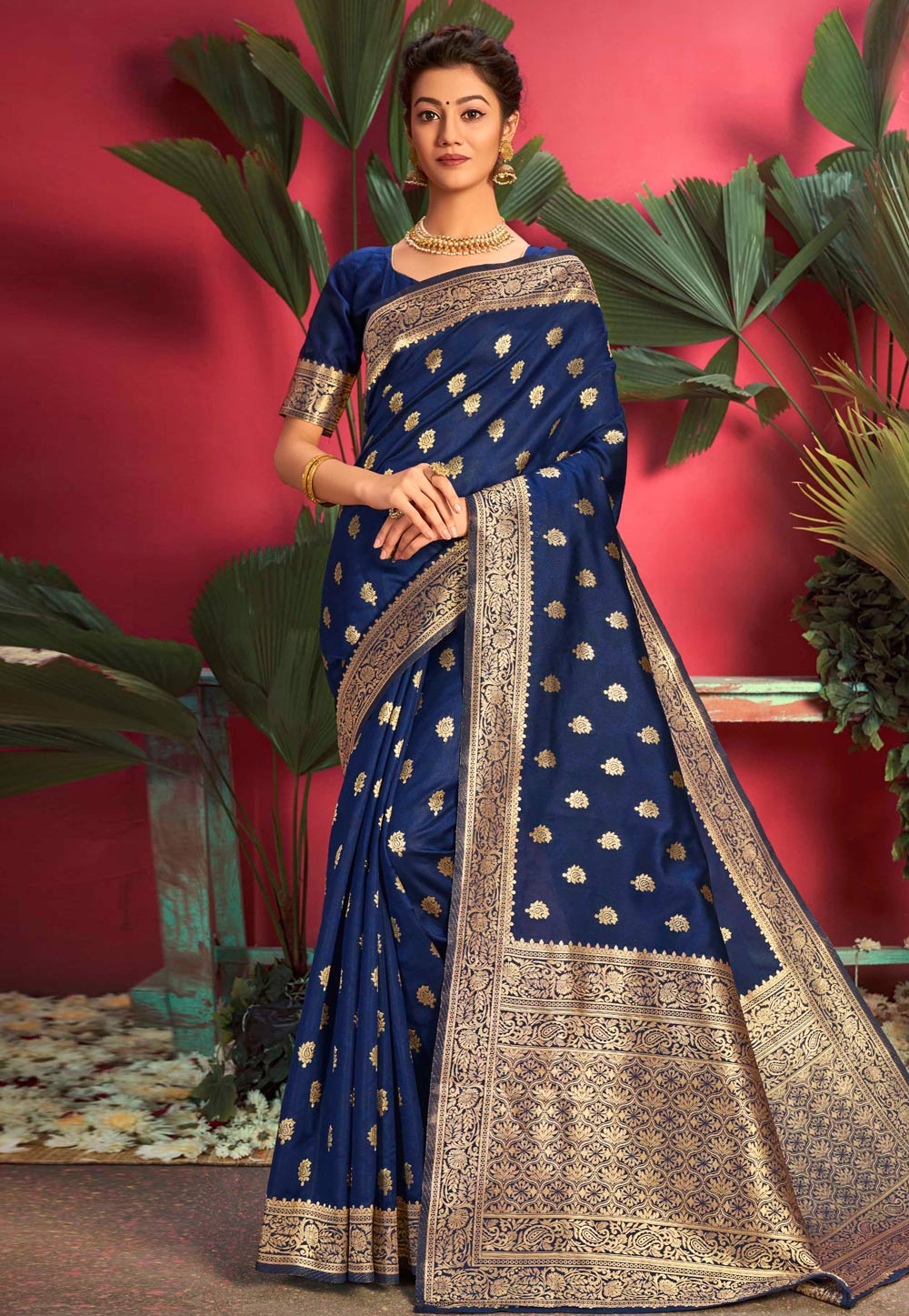 Navy Blue Jacquard Silk Festival Wear Saree 216643