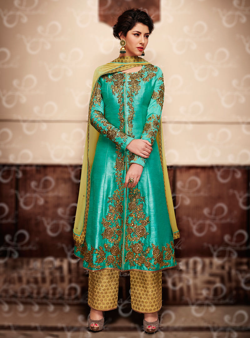 Turquoise Banarasi Silk Palazzo Style Suit 86774