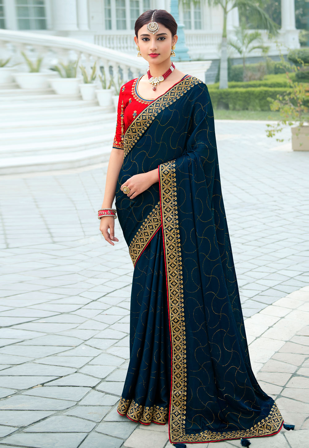 Buy Casual Wear Navy Blue Stone Work Vichitra Silk Saree Online From Surat  Wholesale Shop.