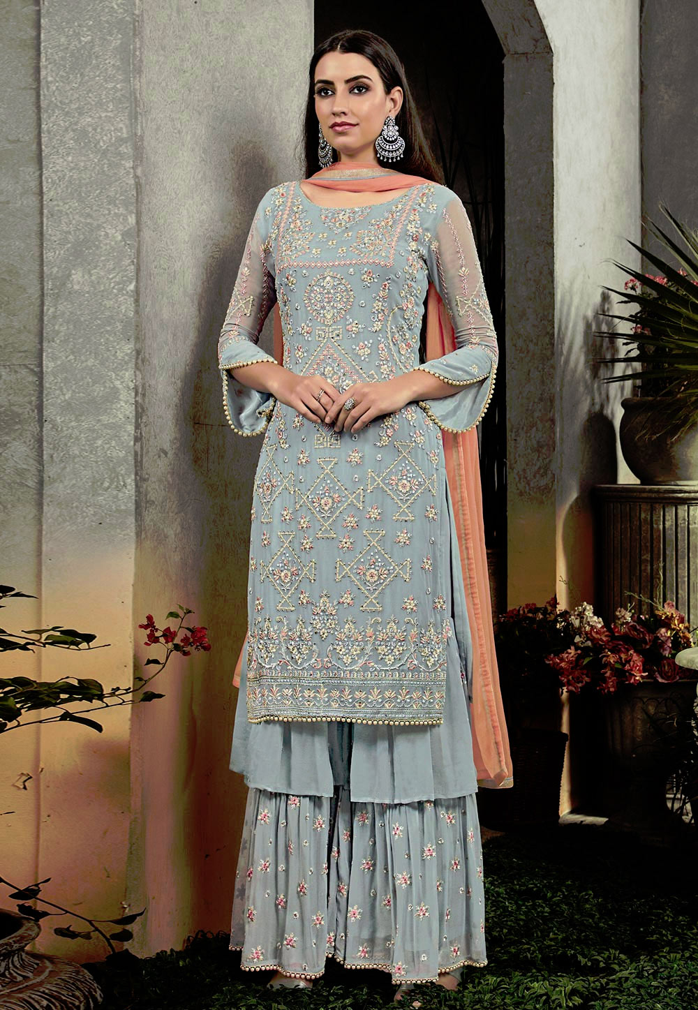 Sky Blue Georgette Sharara Style Suit 185754