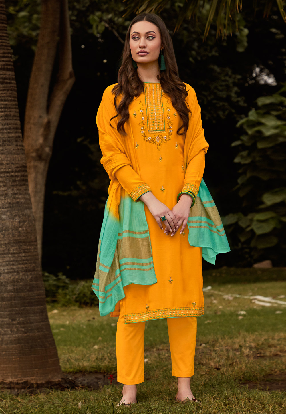 Yellow Muslin Pant Style Suit 231012