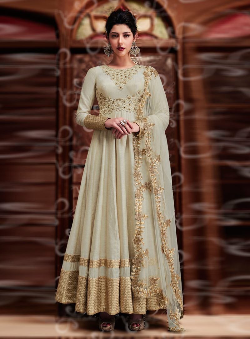 Off White Silk Ankle Length Anarkali Suit 86776