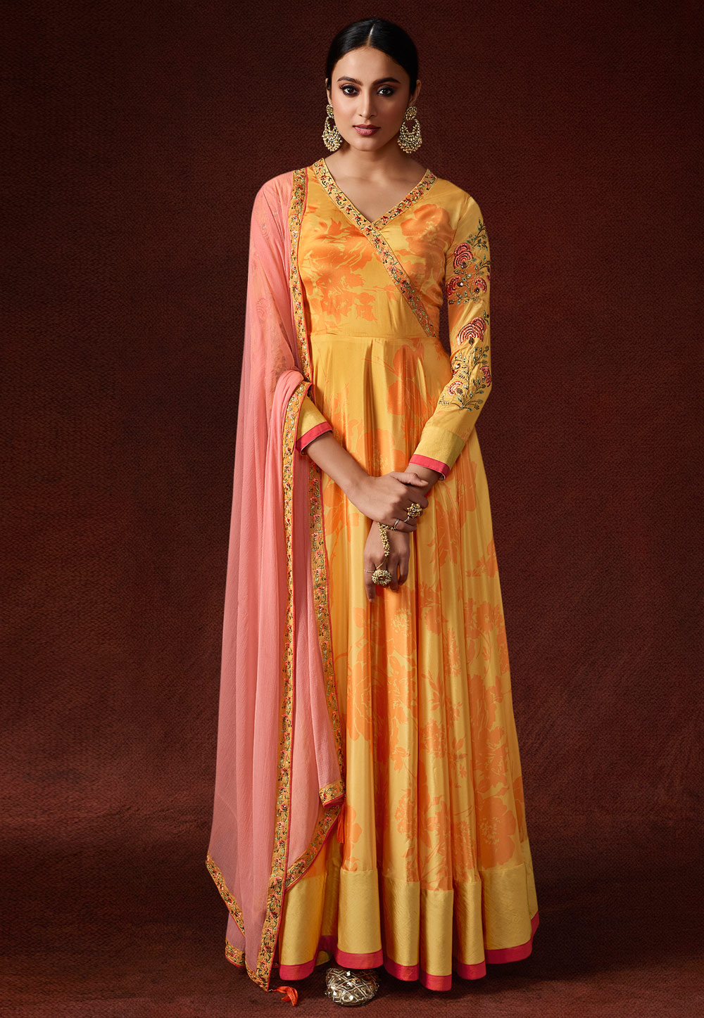 Yellow Silk Abaya Style Anarkali Suit 196254