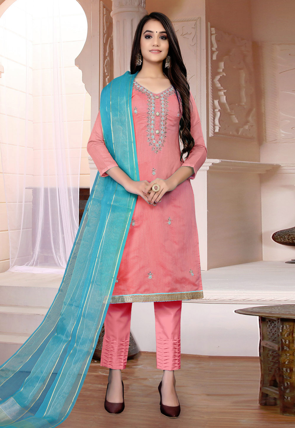 Pink Chanderi Pant Style Suit 229805