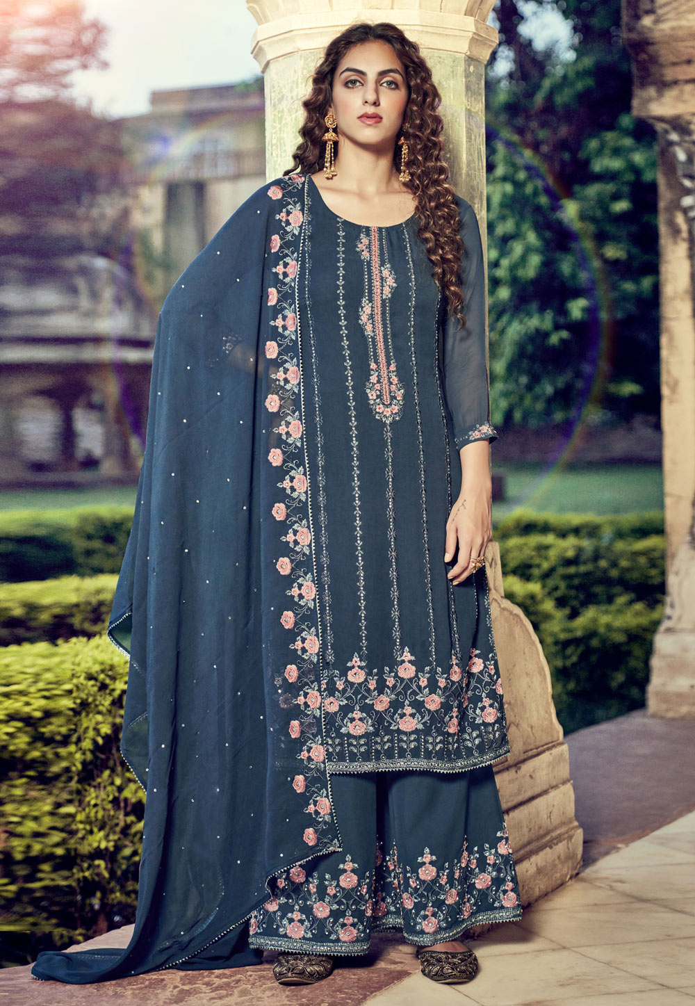 Blue Georgette Kameez With Palazzo 238479