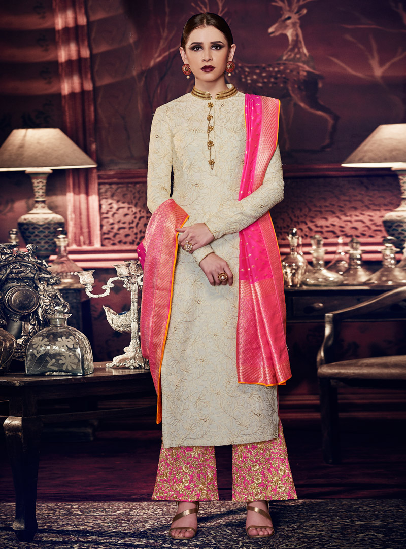 Off White Tussar Silk Palazzo Style Suit 118586