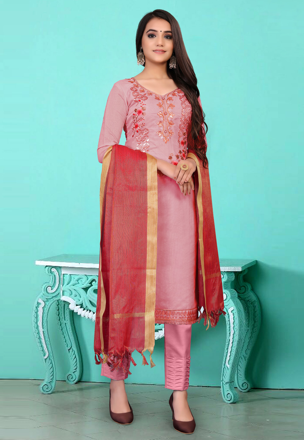 Pink Chanderi Kameez With Pant 229787