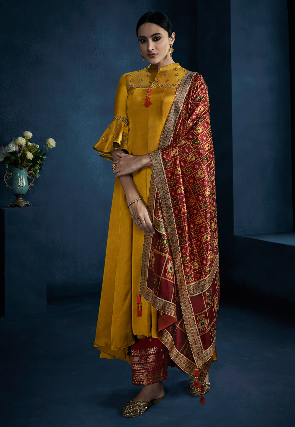 Mustard Silk Satin Palazzo Suit With Frill Sleeve 206528