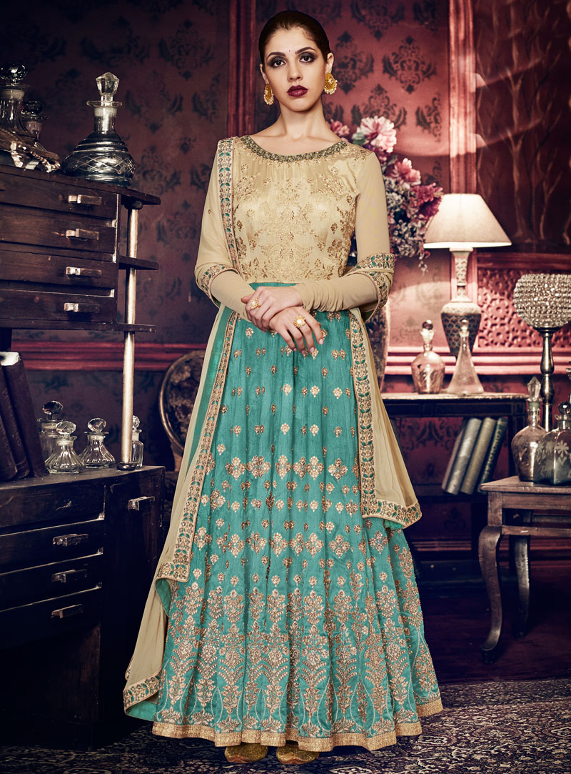 Turquoise Silk Ankle Length Anarkali Suit 118587
