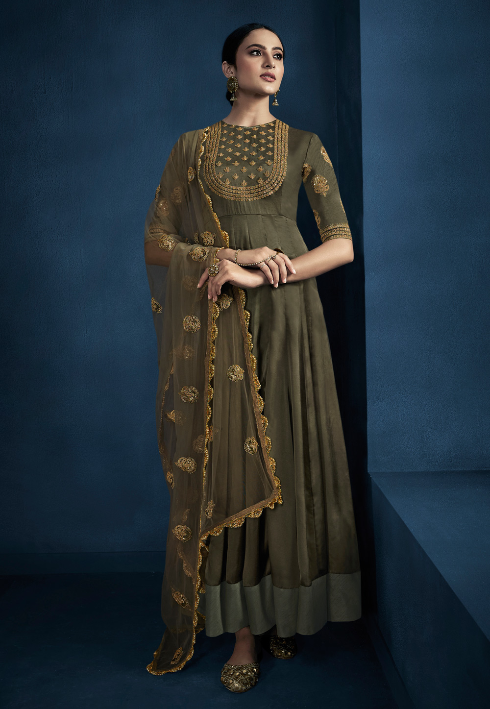 Mehndi Silk Satin Abaya Style Anarkali Suit 206530